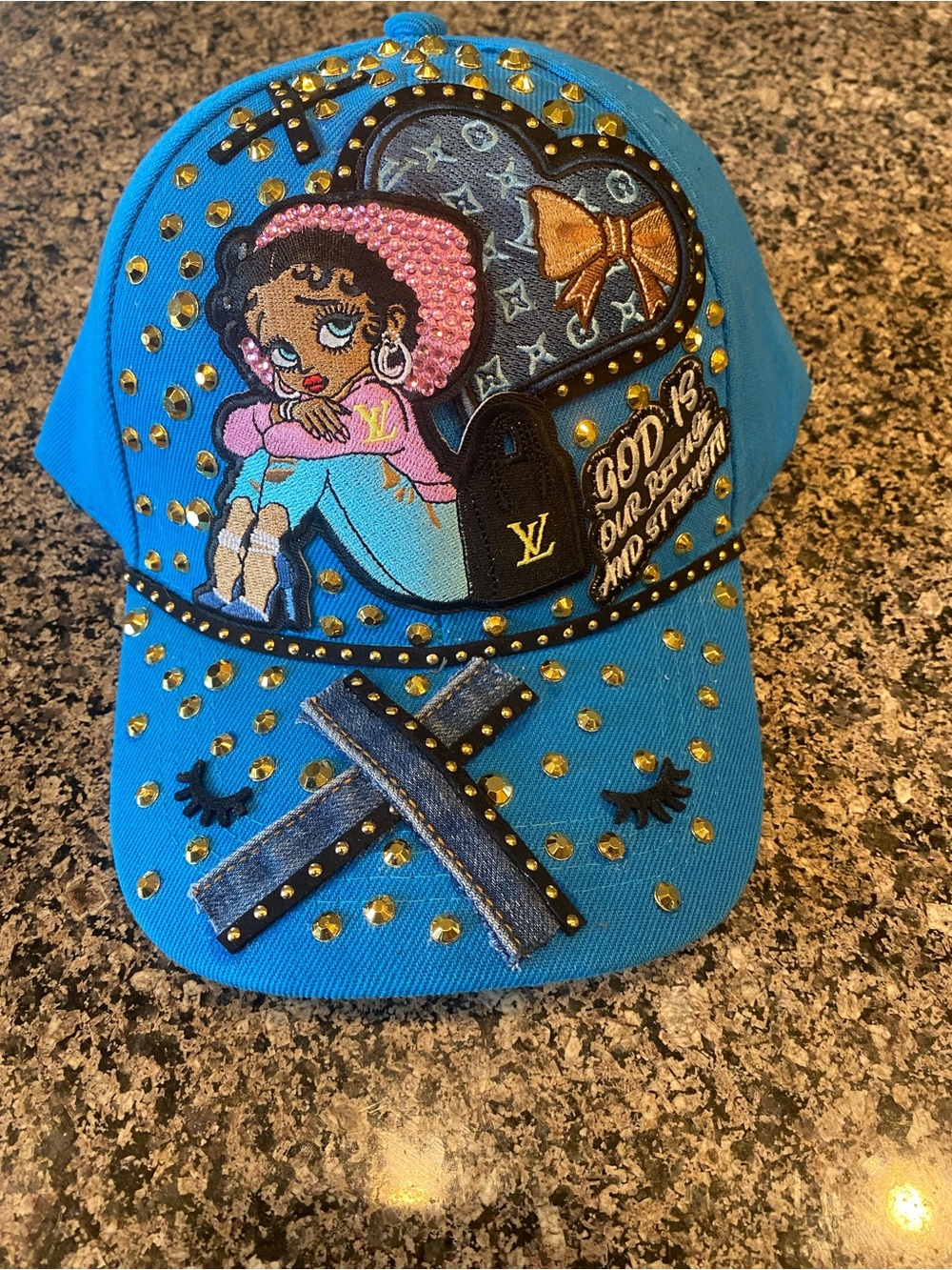 Blue Embellished Betty Boop Patch Cap with Gold Studs